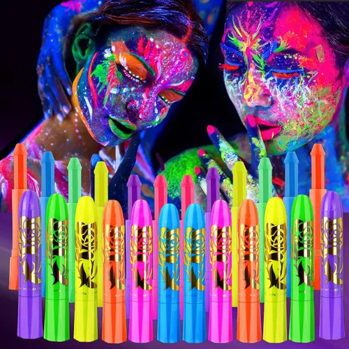 12 piezas de pintura corporal y facial que brilla en la oscuridad, maquillaje de pintura facial neón en barras que brillan bajo luz UV, kits de