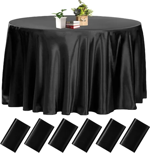 Miniatura 37 de fani Paquete de 12 manteles de satén negro de 108 pulgadas, mantel redondo sedoso brillante de alta calidad, cubierta de mesa de tela suave