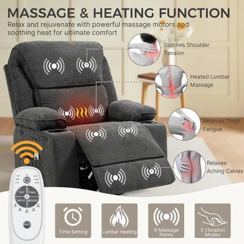 Miniatura 6 de Sillón reclinable eléctrico con balanceo, giratorio y deslizador, silla de guardería con botón de un toque, masaje vibratorio y calor, puertos