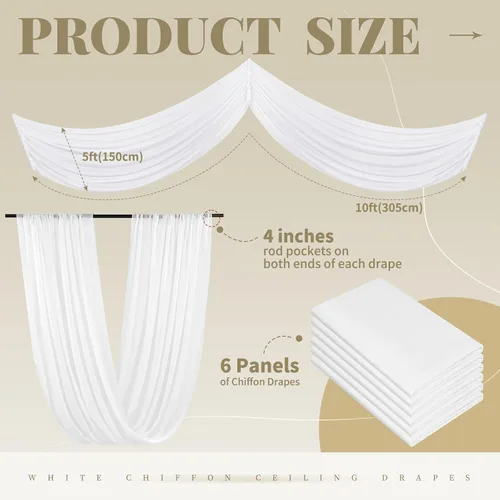 Miniatura 2 de 6 paneles de cortinas blancas para techo de boda, cortinas de techo de 5 x 10 pies, cortinas de tela transparente para arco de boda, cortinas