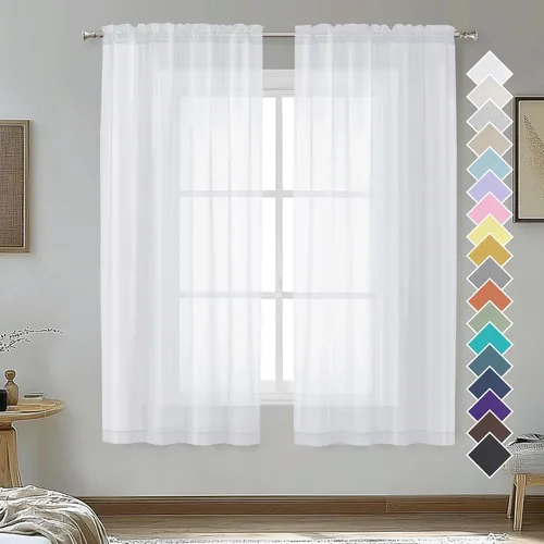 Miniatura 35 de OVZME - Cortinas traslúcidas blancas de 45 pulgadas de largo, 2 paneles, cortinas de gasa con bolsillo para barra para ventanas pequeñas, cada una