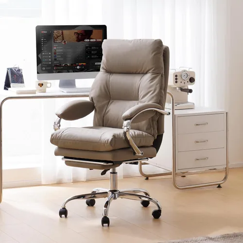 Miniatura 2 de LEAGOO Silla de oficina reclinable con reposapiés, sillas de oficina ejecutivas con brazos, ergonómicas de cuero sintético con respaldo alto, Caqui