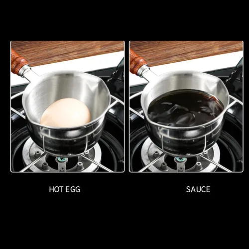 Miniatura 8 de Calentador de 3 capas de acero inoxidable multiusos para leche de chocolate hirviendo con mango de madera, calentador de leche, mini olla de leche
