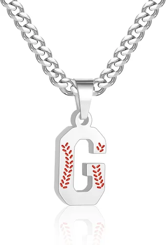 Miniatura 44 de Avotto Collar de béisbol con letra inicial de la A a la Z para niños y hombres, cadena cubana de acero inoxidable resistente que no se decolora