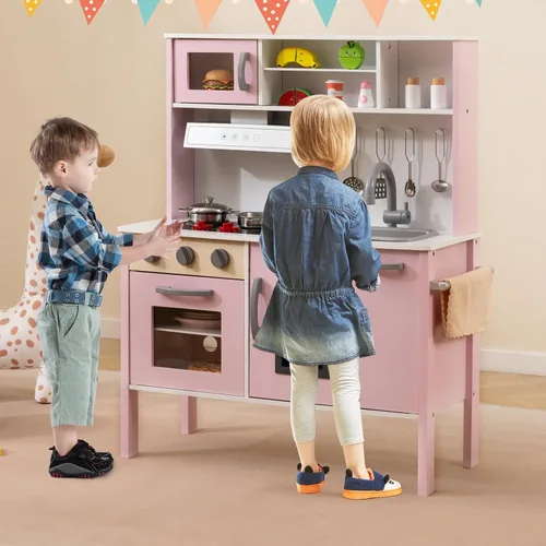 Miniatura 9 de Costzon Juego de cocina para niños, juego de cocina de madera con sonido, microondas, horno, máquina de hielo, campana extractora, estufas