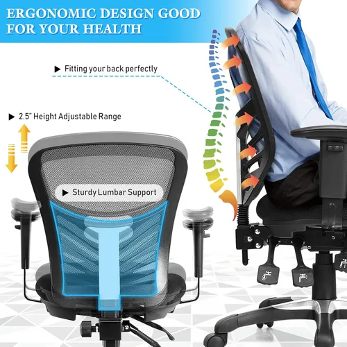Miniatura 3 de POWERSTONE Silla de oficina, silla de escritorio ergonómica de malla con altura ajustable, reposabrazos de apoyo lumbar, ruedas giratorias