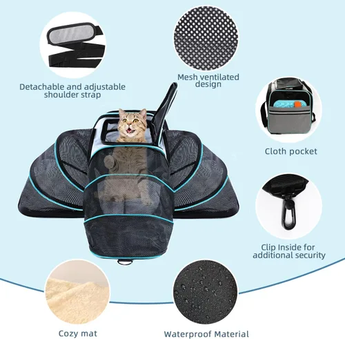Miniatura 3 de Transportador de mascotas para gatos y perros aprobado por aerolíneas, expandible para mascotas pequeñas - Almohadilla extraíble, bolsillos, cumple