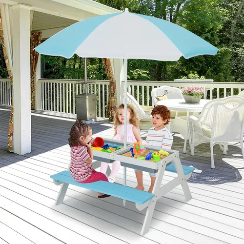 Miniatura 5 de Costzon Mesa de Picnic para Niños con Contenedores Sensoriales, Mesa de Arena y Agua 4 en 1 con Sombrilla de Altura Ajustable, Superficie de Mesa