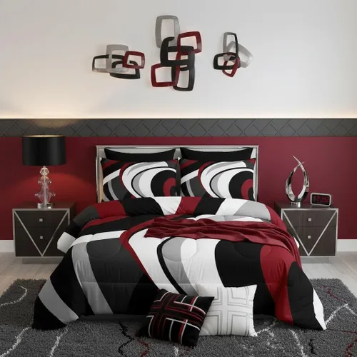 Miniatura 3 de Juego de edredón de rayas rojas y negras, juego de ropa de cama tamaño King con ondas circulares abstractas, geométrico, espiral, acolchado, 3 Multi