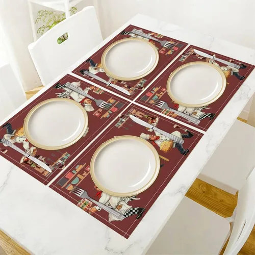 Miniatura 4 de Juego de 4 manteles individuales con estampado de cocina de chef, restaurante, cocina, acuarela, manteles individuales de tela lavable para mesa