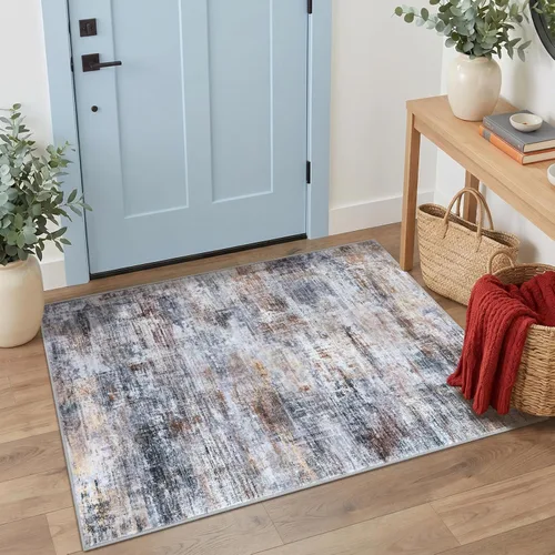 Miniatura 231 de IOHOUZE Alfombra pequeña abstracta de 2 x 3 pies, alfombra de entrada lavable para entrada interior, alfombras con respaldo de goma, alfombra gris
