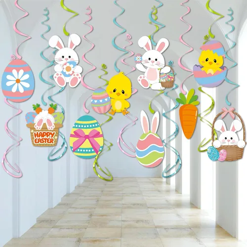 Miniatura 6 de Decoraciones para fiesta de Pascua con serpentinas de huevo-conejo - 16 piezas de lindos remolinos colgantes para techo, regalos y suministros