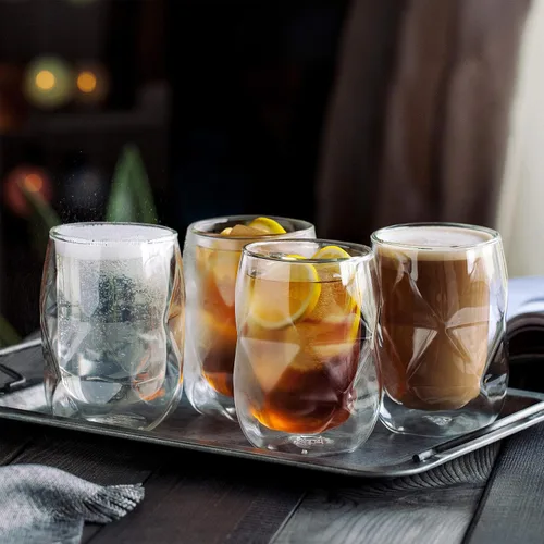 Miniatura 7 de BTAT - Vasos de doble pared, paquete de 4, 12 onzas (11.8 fl oz), vasos de vidrio aislados en forma de diamante, vasos de doble pared para té