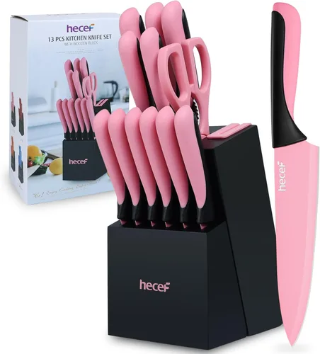 Miniatura 14 de hecef Juego de cuchillos de cocina de 15 piezas con bloque de madera con afilador integrado, apto para lavavajillas, juego de bloques de cuchillos