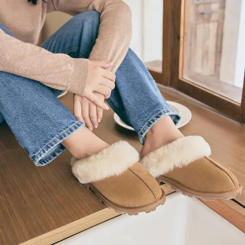 Miniatura 4 de WaySoft Pantuflas de piel de oveja australiana auténtica, 100% piel de oveja dura para mujer, para interiores y exteriores, pantuflas de lana cálida