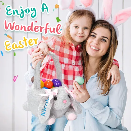Miniatura 5 de Cesta personalizada de conejo de Pascua de 15 pulgadas con nombre bordado, cesta de caza de huevos de Pascua de felpa para regalos de decoración