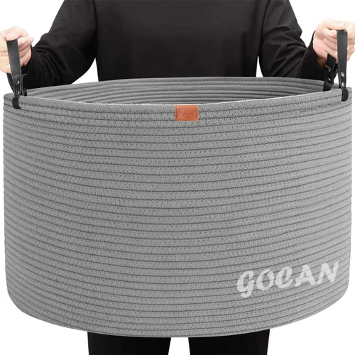 Miniatura 13 de GOCAN Cesta de almacenamiento extragrande para lavandería, 22 x 22 x 14 pulgadas, cesta tejida de cuerda de algodón para manta con asas para sala