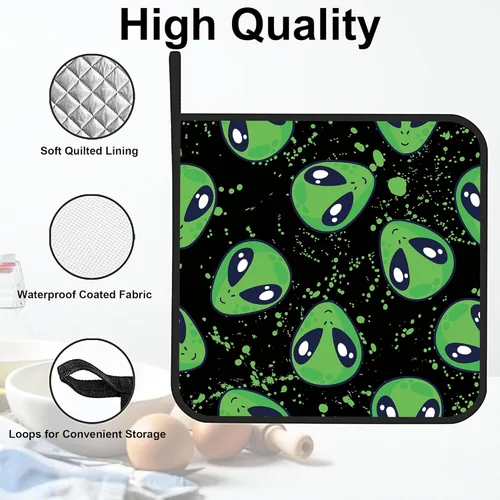 Miniatura 3 de Soportes para ollas verdes de alienígena, 2 unidades para cocina, almohadillas calientes resistentes al calor para cocinar a la parrilla, hornear