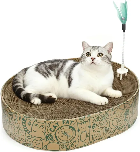 Miniatura 11 de Paquete de 6 almohadillas para arañazos para gatos con caja, rascador de cartón para gatos de interior, tabla de rascar reversible con cama