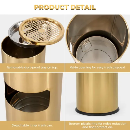 Miniatura 4 de Bote de basura para exteriores, contenedor de basura redondo de acero inoxidable con cubo interior extraíble para desecho, contenedor de basura