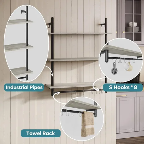 Miniatura 3 de Bestier Estantería Industrial de Tubería de 3 Niveles, Estantes Flotantes para Libros para Pared, Estantes Colgantes de Almacenamiento con Barra Gris