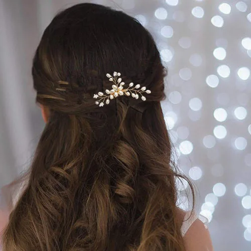Miniatura 3 de inSowni Paquete de 26 peines laterales dorados para bodas y novias+horquillas en forma de U, pasadores para el cabello, pasadores de hojas, flores