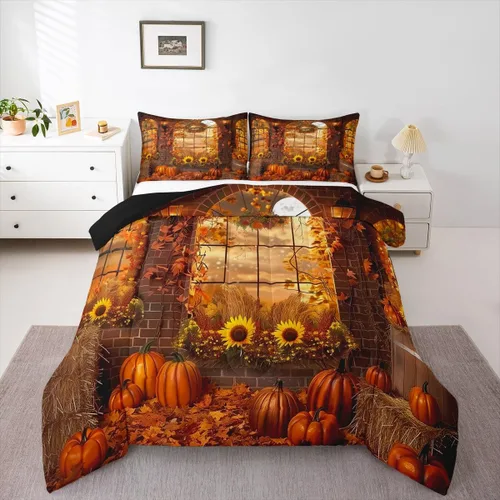 Miniatura 30 de Erosebridal Juego de edredón individual de pavo de Acción de Gracias, juego de ropa de cama de calabaza con hojas de otoño para niños y adultos