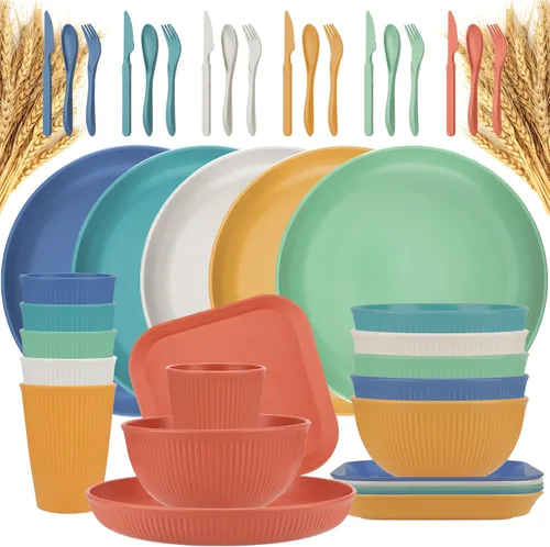 Juego de platos y tazones de 42 piezas de paja de trigo para 6, juego de platos irrompibles aptos para lavavajillas y microondas, juego de tazas y