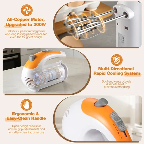 Miniatura 2 de Batidora de mano eléctrica de 5 velocidades de 300 W con 3 cuencos de mezcla de anidación gruesos, tazas y cucharas medidoras, mezclador completo
