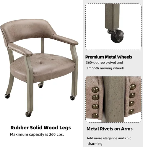 Miniatura 6 de Sillas de comedor modernas de madera maciza marrón con ruedas y brazos, sillas de escritorio de oficina, sillas de acento giratorias clásicas, 31.5