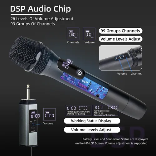 Miniatura 3 de Micrófonos inalámbricos para cantar karaoke, sistema de micrófono inalámbrico dual de metal de largo alcance de 500 pies/492.1 ft con 99 canales