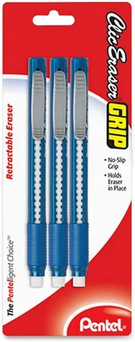 Miniatura 2 de Gomas de borrar de clic con mango estilo lápiz, surtidos, paquete de 3, Colores Variados Negro / azul
