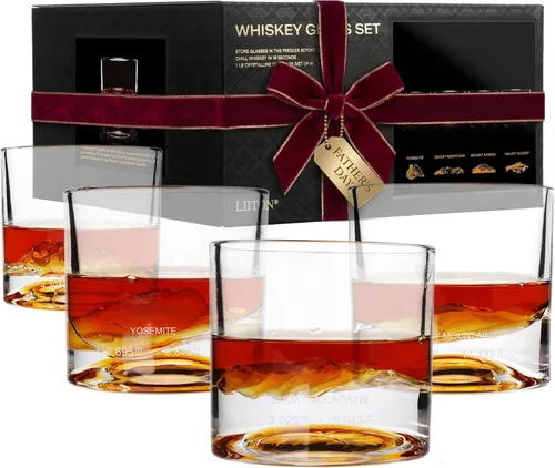 LIITON Juego de 4 vasos de whisky para el Día del Padre, American Peaks, de cristal grueso y pesado 3D, copas de cóctel y bourbon de montaña,