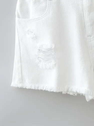 Miniatura 5 de OYOANGLE Pantalones cortos de mezclilla de pierna recta con dobladillo rasgado y bolsillo para niña