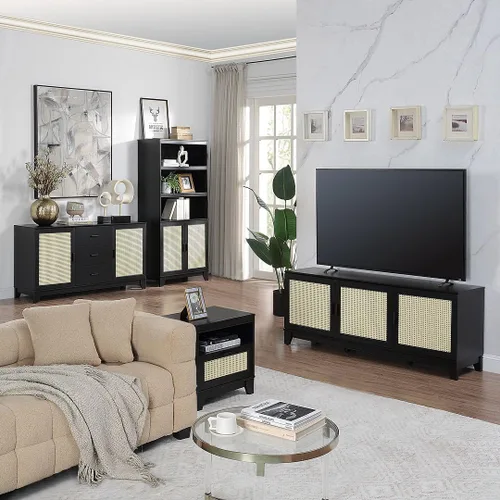 Miniatura 8 de Manhattan Comfort Sheridan Mesita de noche de caña con cajón de extensión completa y estante abierto, mesa auxiliar moderna de mediados de siglo