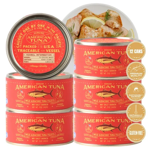 Miniatura 18 de American Tuna Pescado de atún blanco silvestre capturado en poste de grado sushi, sin sal añadida, (12) latas de 3.5 onzas Cosechado