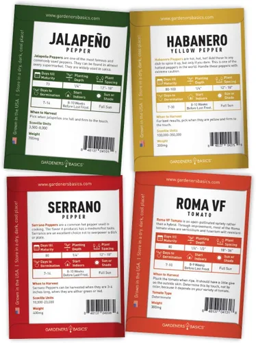Miniatura 6 de Gardeners Basics, Heirloom - Paquetes de semillas de cultivo de salsa caliente, 8 variedades de habanero, jalapeño, pimientos serranos, romana