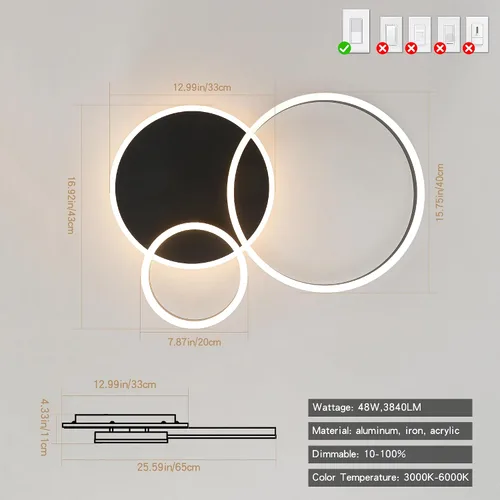 Miniatura 5 de O'NEELDY Moderna lámpara de techo LED regulable de montaje empotrado con control remoto de anillo de acrílico, 48W 3000K-6000K ajustable, lámpara