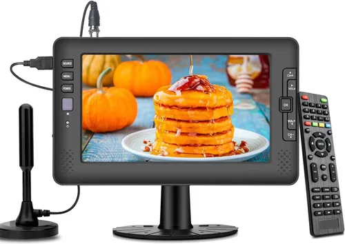 Jexiop TV portátil con pantalla IPS de 9 pulgadas con sintonizador digital ATSC, puerto USB, entrada AV, batería recargable incorporada, mini TV