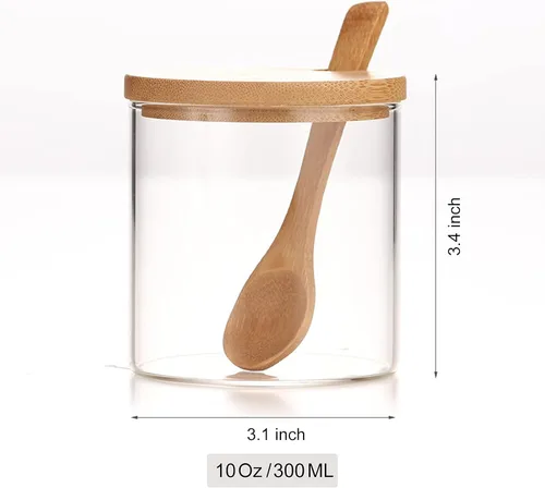 Miniatura 6 de Tarro de vidrio transparente de 10.1 fl oz/10 onzas con tapa de bambú y cuchara de madera, lindo recipiente de almacenamiento de sal de baño