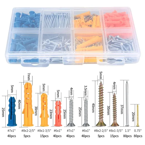 Miniatura 2 de Juego de 360 tapones y tornillos de pared, kit surtido de tornillos y clavos para paneles de yeso, tornillos autorroscantes de cabeza plana, tapones