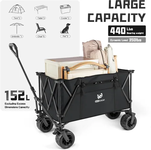 Miniatura 6 de Whitsunday Carro Plegable Resistente, Carro de Playa Plegable de 440 Libras, Rueda Todo Terreno y Utilidad de Camping Extra Grande con Mesa Negro