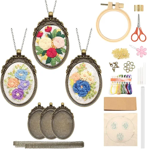 Miniatura 11 de ZOCONE 4 Paquetes de Kits de Collar de Bordado, Kit de Colgante de Bordado Mini Kit de Punto de Cruz con 4 Aros, Collar, Colgante, Tela