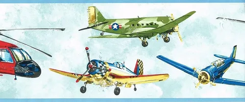 Miniatura 2 de CONCORD WALLCOVERINGS ™ KL3075B - Papel tapiz infantil con diseño de aviones fronterizos para sala de juegos, dormitorio, azul, rojo, verde