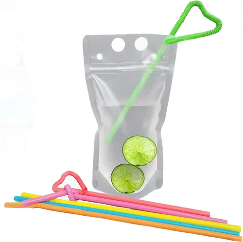Miniatura 4 de Bolsas de bebidas con pajitas, paquete de 20 bolsas de plástico de 8 onzas, con cierre de cremallera, de mano, resistentes, bolsas de jugo