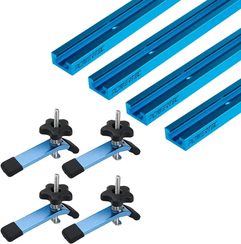 POWERTEC 71855 Riel en T Universal de 48 Pulgadas x4 con 4 Abrazaderas de Sujeción, Riel en T de Perfil de Doble Corte con Orificios de Montaje