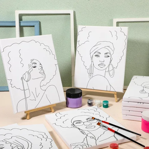 Miniatura 5 de Sherr 20 Piezas Lienzo Estirado Predibujado Arte Negro Reina Afro para Pintar para Adultos Contorno Predibujado Lienzo de Algodón Estirado