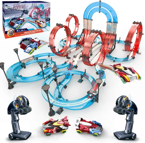 Miniatura 8 de Juegos de pistas de carreras de coches de ranura eléctrico a control remoto para niños, juego de carreras eléctrico recargable con controladores
