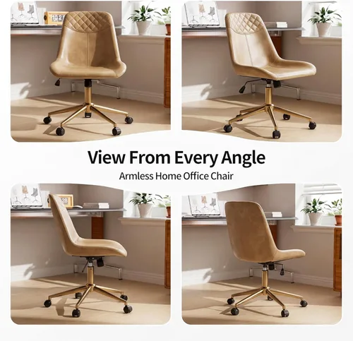 Miniatura 9 de DUHOME Silla de oficina moderna de piel sintética, silla de escritorio giratoria para computadora con base dorada, camello Camel con base dorada