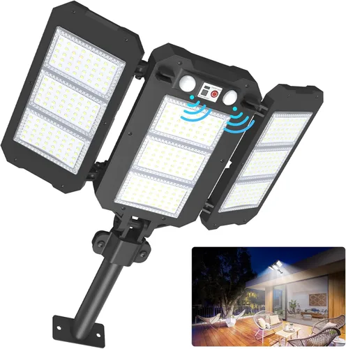 Luces de inundación solar para exteriores, 7000 LM, luces solares súper brillantes de brazo de aluminio, 3 cabezales, LED de atardecer a amanecer,